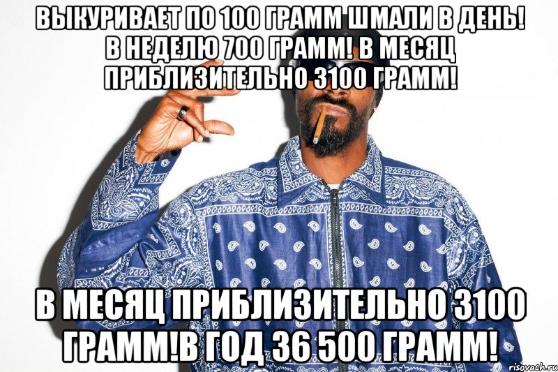 выкуривает по 100 грамм шмали в день! в неделю 700 грамм! в месяц приблизительно 3100 грамм! в месяц приблизительно 3100 грамм!в год 36 500 грамм!, Мем snoop dogg