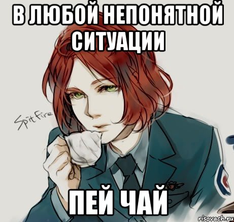 в любой непонятной ситуации пей чай, Мем Спитфайр