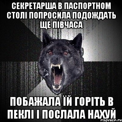 секретарша в паспортном столі попросила подождать ще півчаса побажала їй горіть в пеклі і послала нахуй, Мем Сумасшедший волк