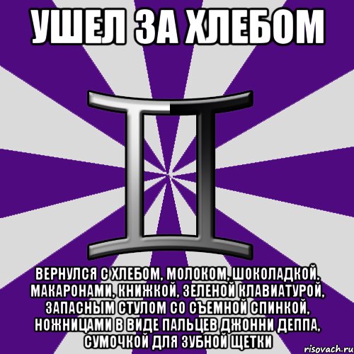 ушел за хлебом вернулся с хлебом, молоком, шоколадкой, макаронами, книжкой, зеленой клавиатурой, запасным стулом со съемной спинкой, ножницами в виде пальцев джонни деппа, сумочкой для зубной щетки, Мем Типичные близнецы