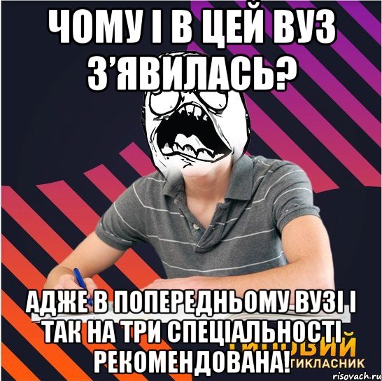 чому і в цей вуз з’явилась? адже в попередньому вузі і так на три спеціальності рекомендована!, Мем Типовий одинадцятикласник