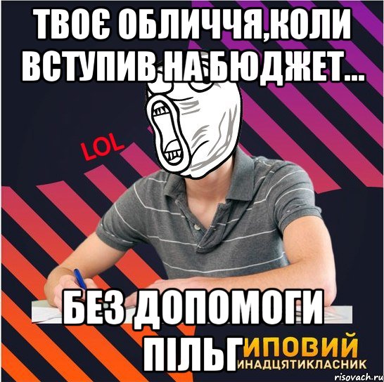 твоє обличчя,коли вступив на бюджет... без допомоги пільг, Мем Типовий одинадцятикласник