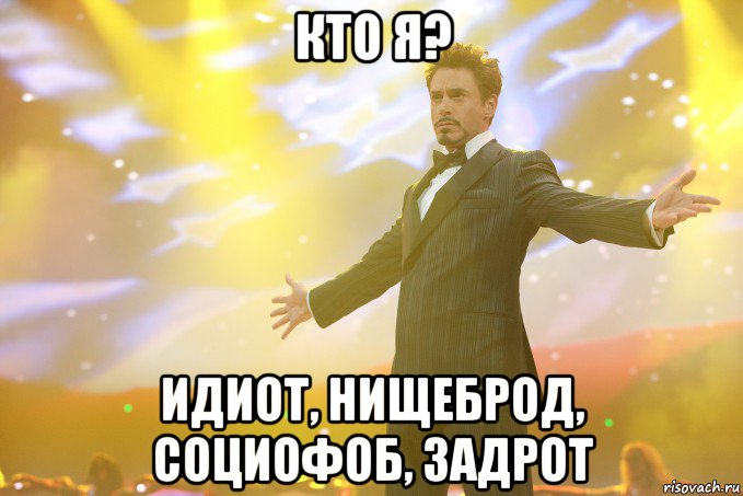 кто я? идиот, нищеброд, социофоб, задрот, Мем Тони Старк (Роберт Дауни младший)