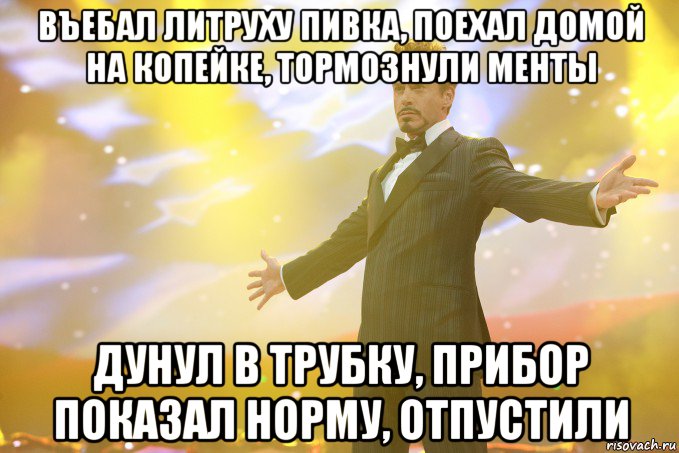 въебал литруху пивка, поехал домой на копейке, тормознули менты дунул в трубку, прибор показал норму, отпустили, Мем Тони Старк (Роберт Дауни младший)