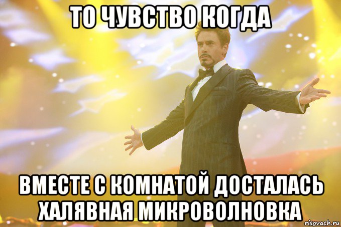 то чувство когда вместе с комнатой досталась халявная микроволновка, Мем Тони Старк (Роберт Дауни младший)