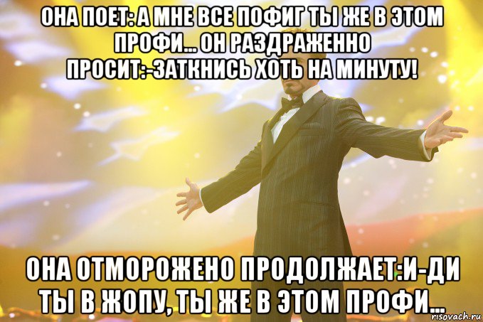 она поет: а мне все пофиг ты же в этом профи... он раздраженно просит:-заткнись хоть на минуту! она отморожено продолжает:и-ди ты в жопу, ты же в этом профи... , Мем Тони Старк (Роберт Дауни младший)