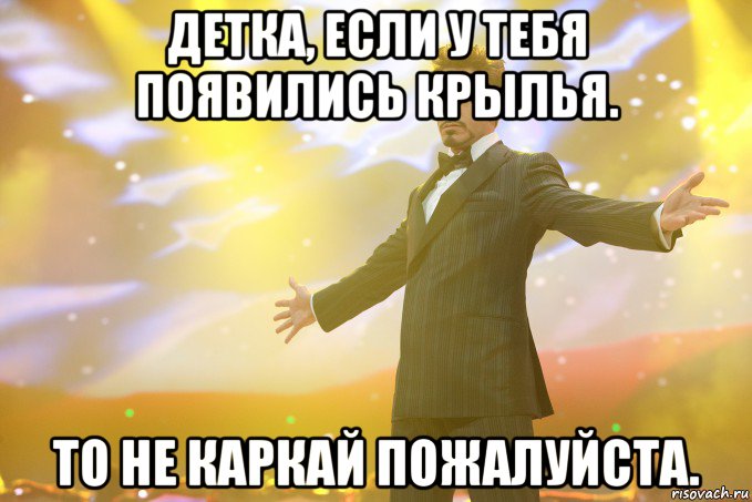 детка, если у тебя появились крылья. то не каркай пожалуйста., Мем Тони Старк (Роберт Дауни младший)