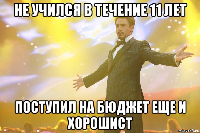 не учился в течение 11 лет поступил на бюджет еще и хорошист, Мем Тони Старк (Роберт Дауни младший)