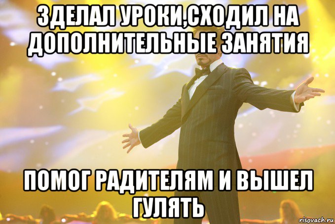 зделал уроки,сходил на дополнительные занятия помог радителям и вышел гулять, Мем Тони Старк (Роберт Дауни младший)