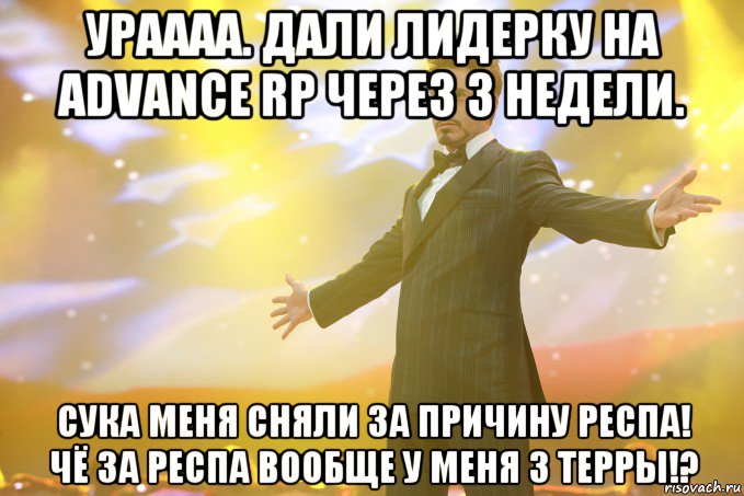 ураааа. дали лидерку на advance rp через 3 недели. сука меня сняли за причину респа! чё за респа вообще у меня 3 терры!?, Мем Тони Старк (Роберт Дауни младший)