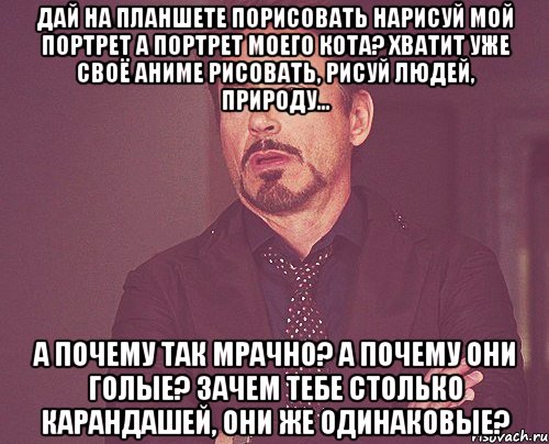 дай на планшете порисовать нарисуй мой портрет а портрет моего кота? хватит уже своё аниме рисовать, рисуй людей, природу... а почему так мрачно? а почему они голые? зачем тебе столько карандашей, они же одинаковые?, Мем твое выражение лица