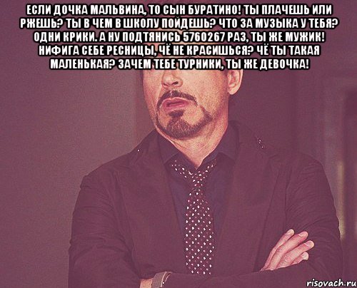 если дочка мальвина, то сын буратино! ты плачешь или ржешь? ты в чем в школу пойдешь? что за музыка у тебя? одни крики. а ну подтянись 5760267 раз, ты же мужик! нифига себе ресницы, чё не красишься? чё ты такая маленькая? зачем тебе турники, ты же девочка! , Мем твое выражение лица