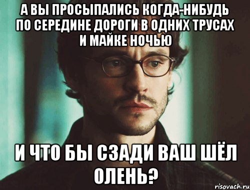 а вы просыпались когда-нибудь по середине дороги в одних трусах и майке ночью и что бы сзади ваш шёл олень?