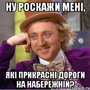 ну роскажи мені, які прикрасні дороги на набережній?, Мем Ну давай расскажи (Вилли Вонка)