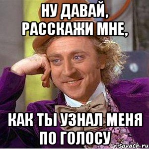 ну давай, расскажи мне, как ты узнал меня по голосу, Мем Ну давай расскажи (Вилли Вонка)