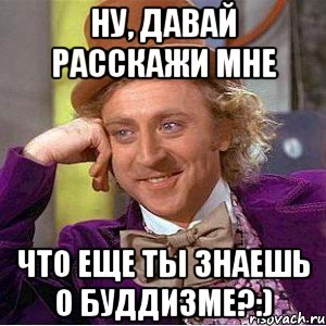 ну, давай расскажи мне что еще ты знаешь о буддизме?:), Мем Ну давай расскажи (Вилли Вонка)