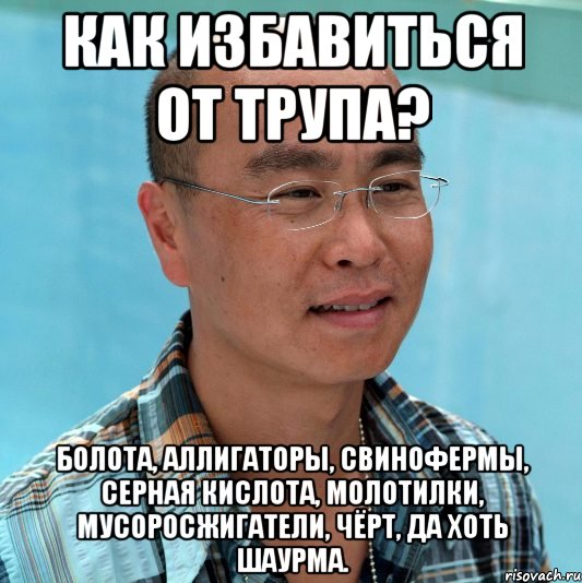 как избавиться от трупа? болота, аллигаторы, свинофермы, серная кислота, молотилки, мусоросжигатели, чёрт, да хоть шаурма., Мем Винс Масука