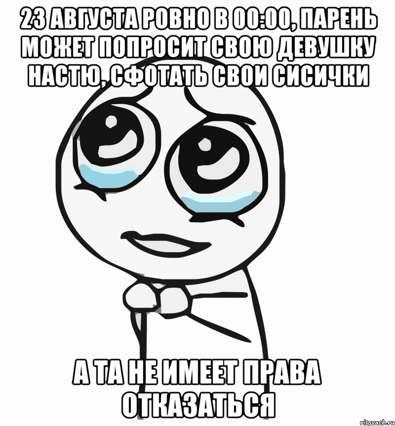 23 августа ровно в 00:00, парень может попросит свою девушку настю, сфотать свои сисички а та не имеет права отказаться, Мем  ну пожалуйста (please)