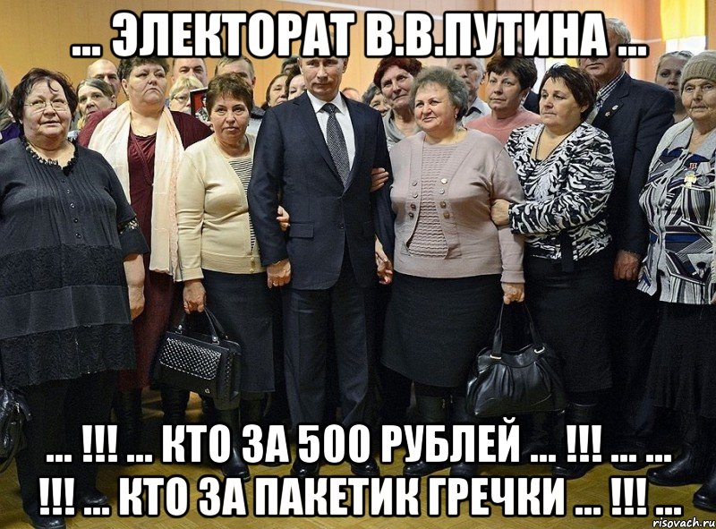 ... электорат в.в.путина ... ... !!! ... кто за 500 рублей ... !!! ... ... !!! ... кто за пакетик гречки ... !!! ..., Мем ядерный эректорат