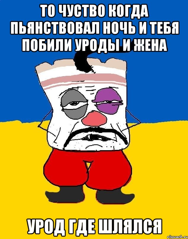 то чуство когда пьянствовал ночь и тебя побили уроды и жена урод где шлялся, Мем Западенец - тухлое сало