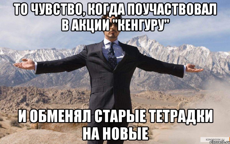 то чувство, когда поучаствовал в акции "кенгуру" и обменял старые тетрадки на новые, Мем железный человек