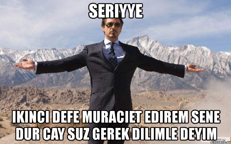 seriyye ikinci defe muraciet edirem sene dur cay suz gerek dilimle deyim, Мем железный человек