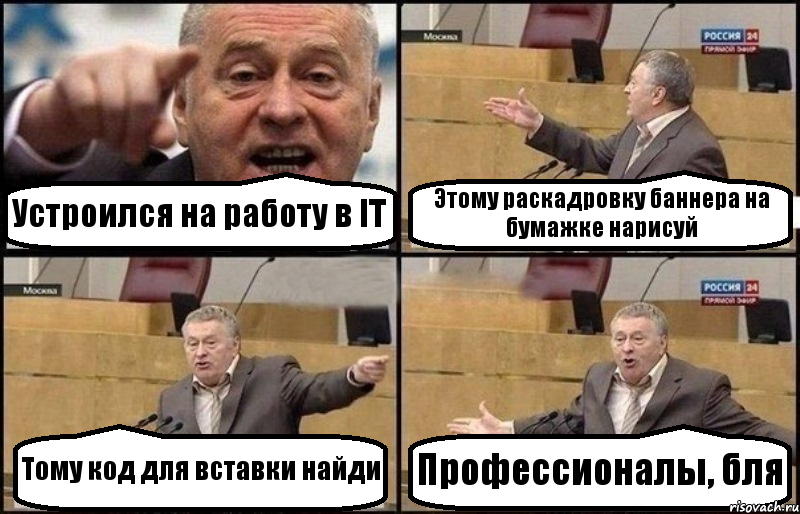 Устроился на работу в IT Этому раскадровку баннера на бумажке нарисуй Тому код для вставки найди Профессионалы, бля, Комикс Жириновский