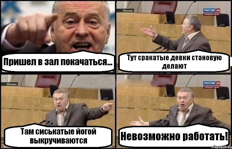 Пришел в зал покачаться... Тут сракатые девки становую делают Там сиськатые йогой выкручиваются Невозможно работать!, Комикс Жириновский