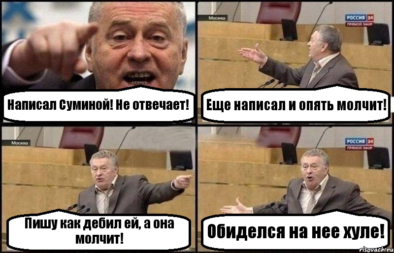 Написал Суминой! Не отвечает! Еще написал и опять молчит! Пишу как дебил ей, а она молчит! Обиделся на нее хуле!, Комикс Жириновский