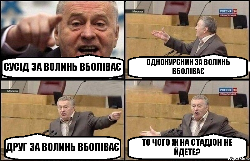 СУСІД ЗА ВОЛИНЬ ВБОЛІВАЄ ОДНОКУРСНИК ЗА ВОЛИНЬ ВБОЛІВАЄ ДРУГ ЗА ВОЛИНЬ ВБОЛІВАЄ ТО ЧОГО Ж НА СТАДІОН НЕ ЙДЕТЕ?, Комикс Жириновский