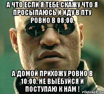 а что если я тебе скажу что я просыпаюсь и иду в пту ровно в 08:00. а домой прихожу ровно в 10:00. не выёбуйся и поступаю к нам !, Мем  а что если я скажу тебе