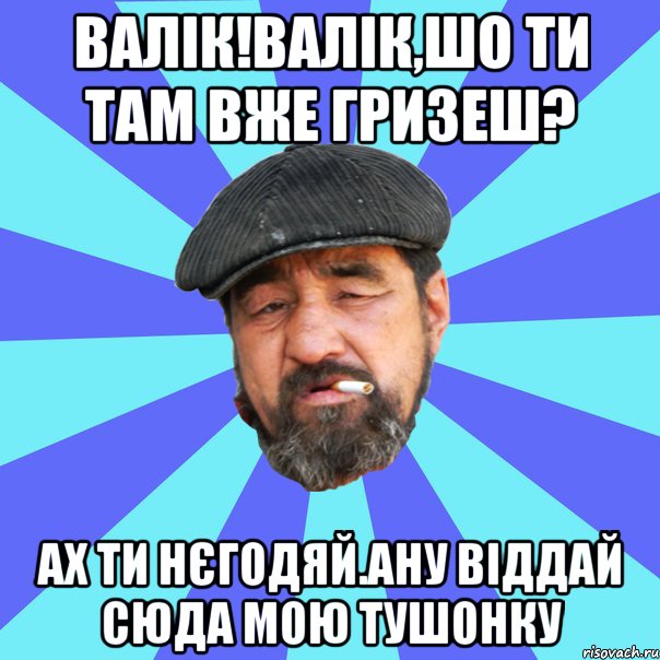 валік!валік,шо ти там вже гризеш? ах ти нєгодяй.ану віддай сюда мою тушонку