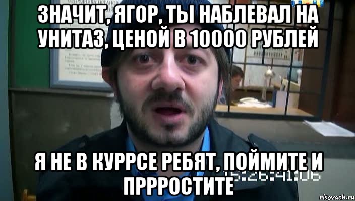 значит, ягор, ты наблевал на унитаз, ценой в 10000 рублей я не в куррсе ребят, поймите и пррростите, Мем Бородач