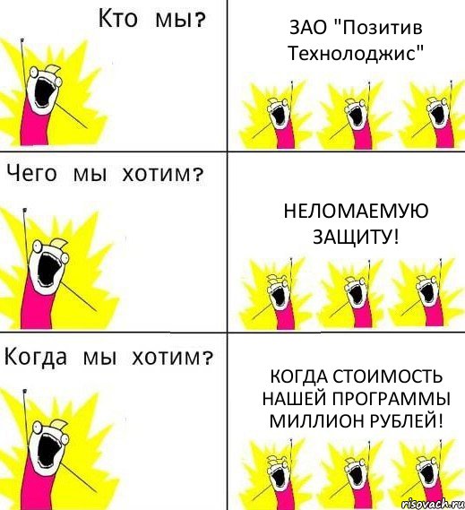 ЗАО "Позитив Технолоджис" Неломаемую защиту! Когда стоимость нашей программы миллион рублей!, Комикс Что мы хотим