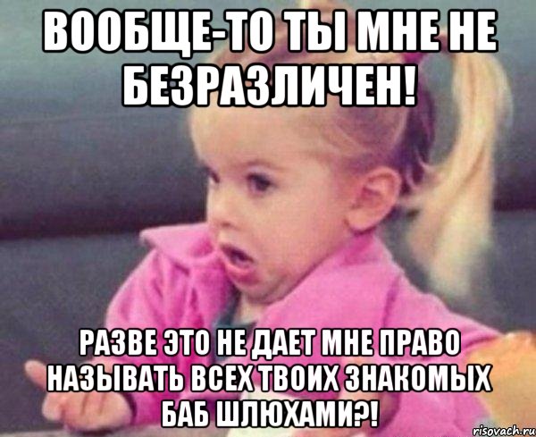 вообще-то ты мне не безразличен! разве это не дает мне право называть всех твоих знакомых баб шлюхами?!, Мем  Ты говоришь (девочка возмущается)