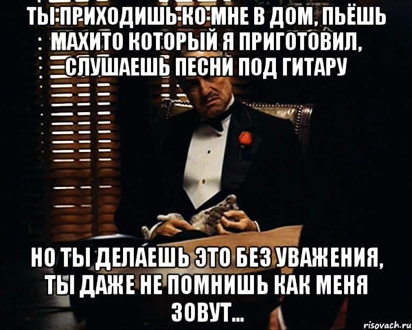 ты приходишь ко мне в дом, пьёшь махито который я приготовил, слушаешь песни под гитару но ты делаешь это без уважения, ты даже не помнишь как меня зовут..., Мем Дон Вито Корлеоне