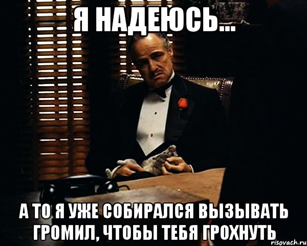 я надеюсь... а то я уже собирался вызывать громил, чтобы тебя грохнуть, Мем Дон Вито Корлеоне