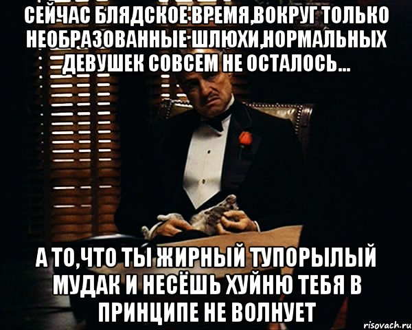 сейчас блядское время,вокруг только необразованные шлюхи,нормальных девушек совсем не осталось... а то,что ты жирный тупорылый мудак и несёшь хуйню тебя в принципе не волнует, Мем Дон Вито Корлеоне