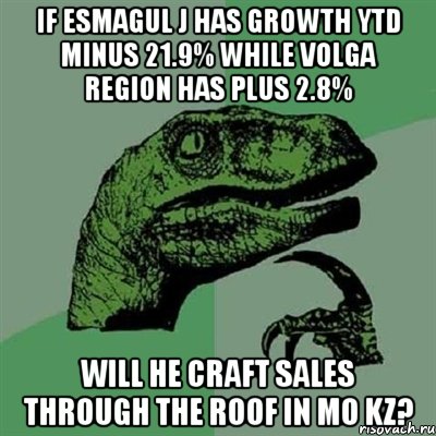 if esmagul j has growth ytd minus 21.9% while volga region has plus 2.8% will he craft sales through the roof in mo kz?, Мем Филосораптор