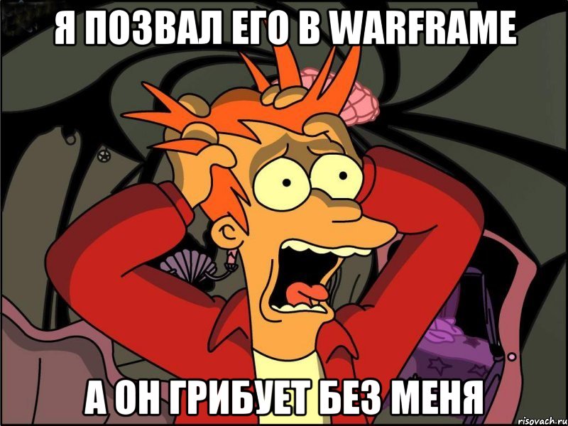 я позвал его в warframe а он грибует без меня, Мем Фрай в панике