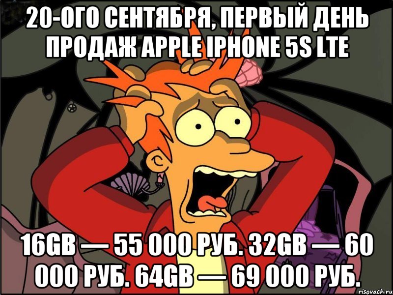 20-ого сентября, первый день продаж apple iphone 5s lte 16gb — 55 000 руб. 32gb — 60 000 руб. 64gb — 69 000 руб., Мем Фрай в панике