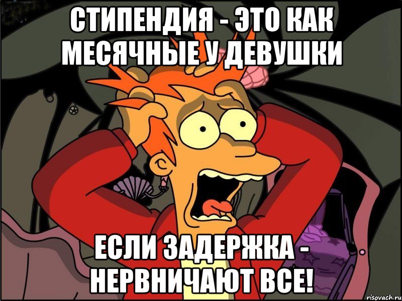 стипендия - это как месячные у девушки если задержка - нервничают все!, Мем Фрай в панике