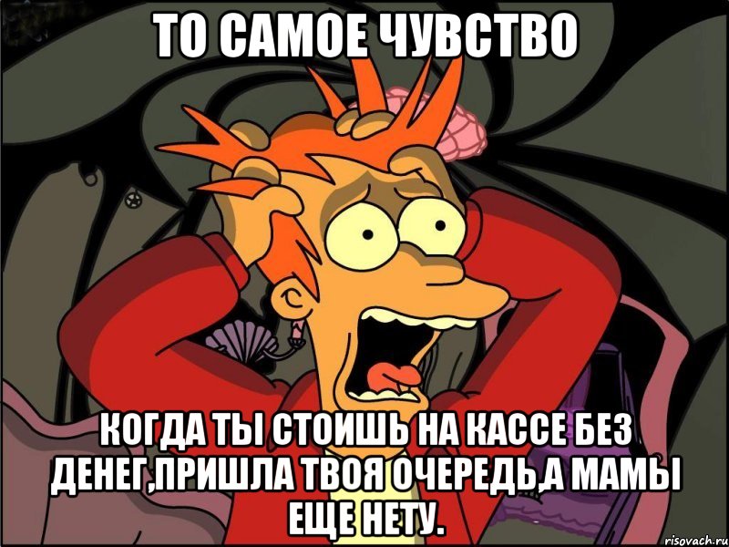 то самое чувство когда ты стоишь на кассе без денег,пришла твоя очередь,а мамы еще нету., Мем Фрай в панике