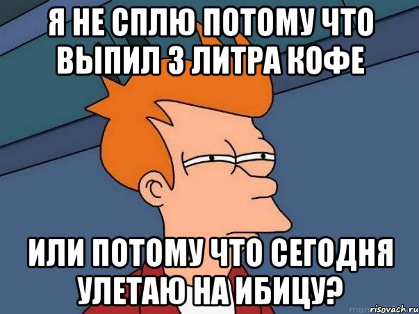 я не сплю потому что выпил 3 литра кофе или потому что сегодня улетаю на ибицу?, Мем  Фрай (мне кажется или)