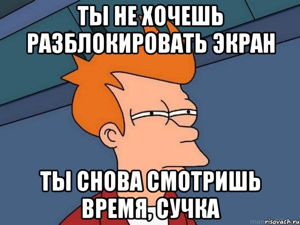 ты не хочешь разблокировать экран ты снова смотришь время, сучка, Мем  Фрай (мне кажется или)