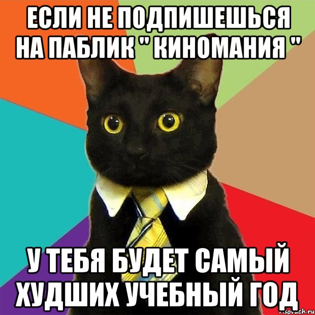 если не подпишешься на паблик " киномания " у тебя будет самый худших учебный год, Мем  Кошечка