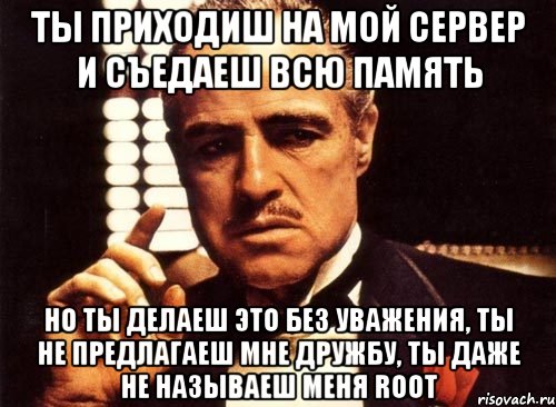 ты приходиш на мой сервер и съедаеш всю память но ты делаеш это без уважения, ты не предлагаеш мне дружбу, ты даже не называеш меня root, Мем крестный отец