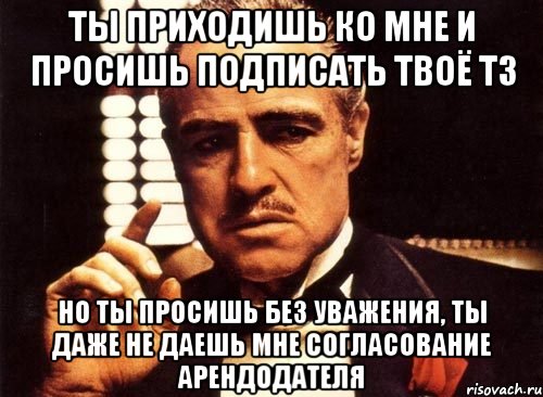 ты приходишь ко мне и просишь подписать твоё тз но ты просишь без уважения, ты даже не даешь мне согласование арендодателя, Мем крестный отец