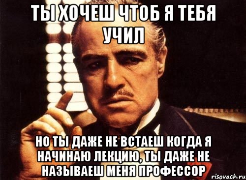 ты хочеш чтоб я тебя учил но ты даже не встаеш когда я начинаю лекцию, ты даже не называеш меня профессор, Мем крестный отец