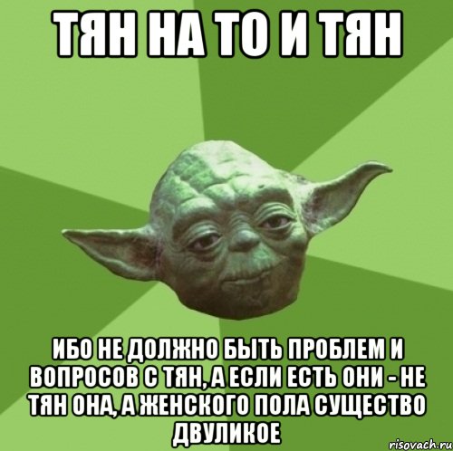 тян на то и тян ибо не должно быть проблем и вопросов с тян, а если есть они - не тян она, а женского пола существо двуликое, Мем Мастер Йода